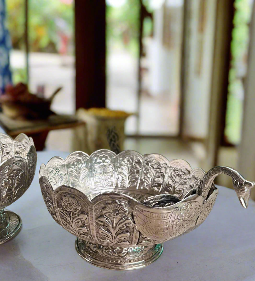 German Silver Swan Round Bowl with Stand for Snacks/Fruits/Home décor